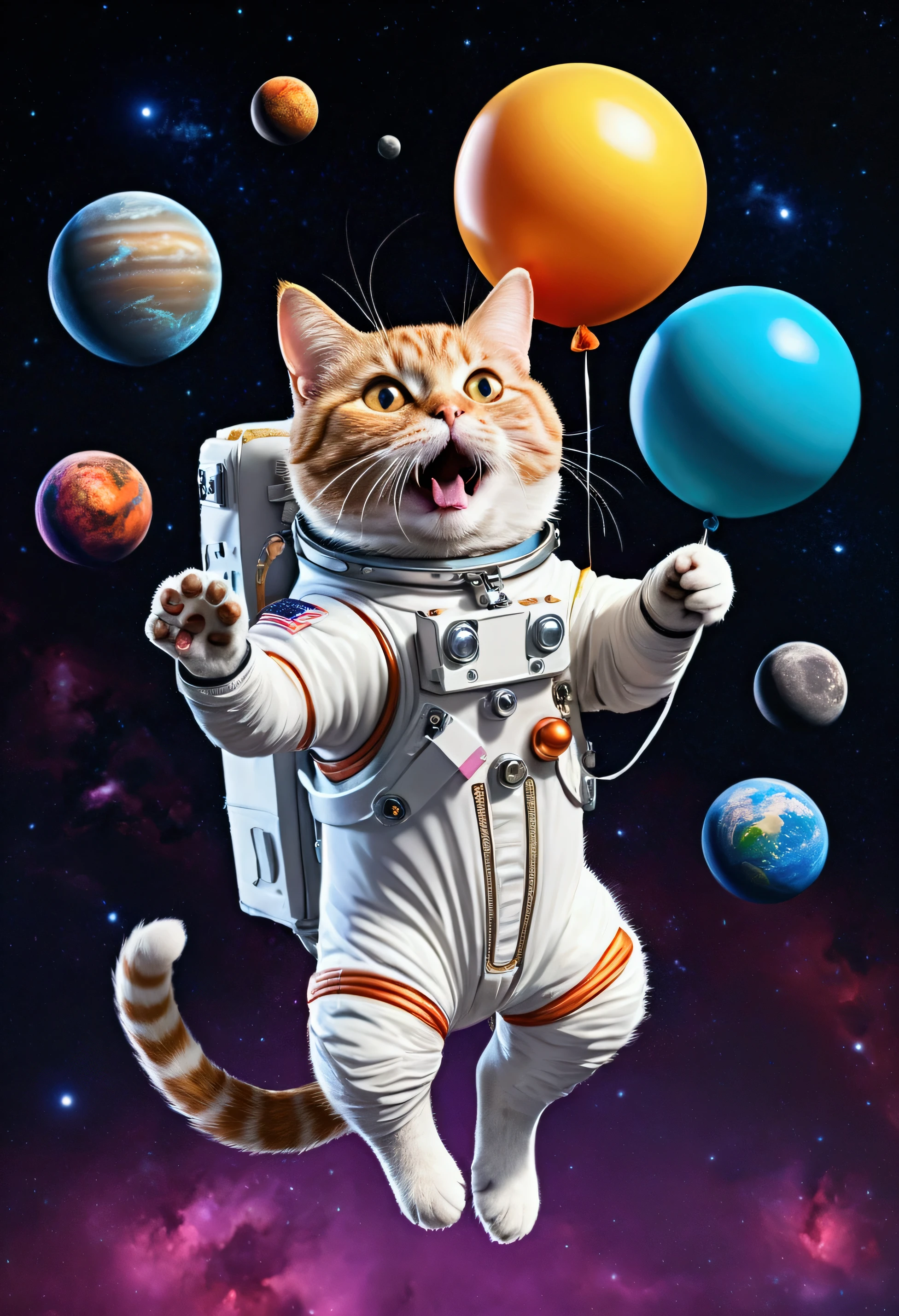 hyper detailed cat astronaut holding a balloon, flying through outter space with planets in the back ground happy, joyful, floating in outer space, 3d, 8k, pop art effect, brilliant detail, sticker, 3d print, t shirt design