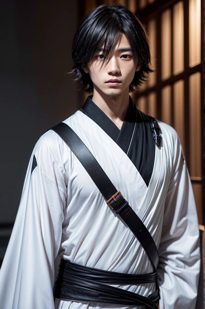 a young Japanese man of eighteen years of age with a razualvemte full physique, have fair skin, His eyes are blue and his hair is copper with a fringe covering part of his eye on the left side., one eye covered by bangs, the young man is six feet tall and two centimeters tall, and wears a white kimono with a black cape and has a strong look. captured in an ultra-realistic full HD 4K portrait, detailed texture showing its menacing shape, Immersive atmosphere, high definition shadow play, digitalpainting, nevoa no environment.