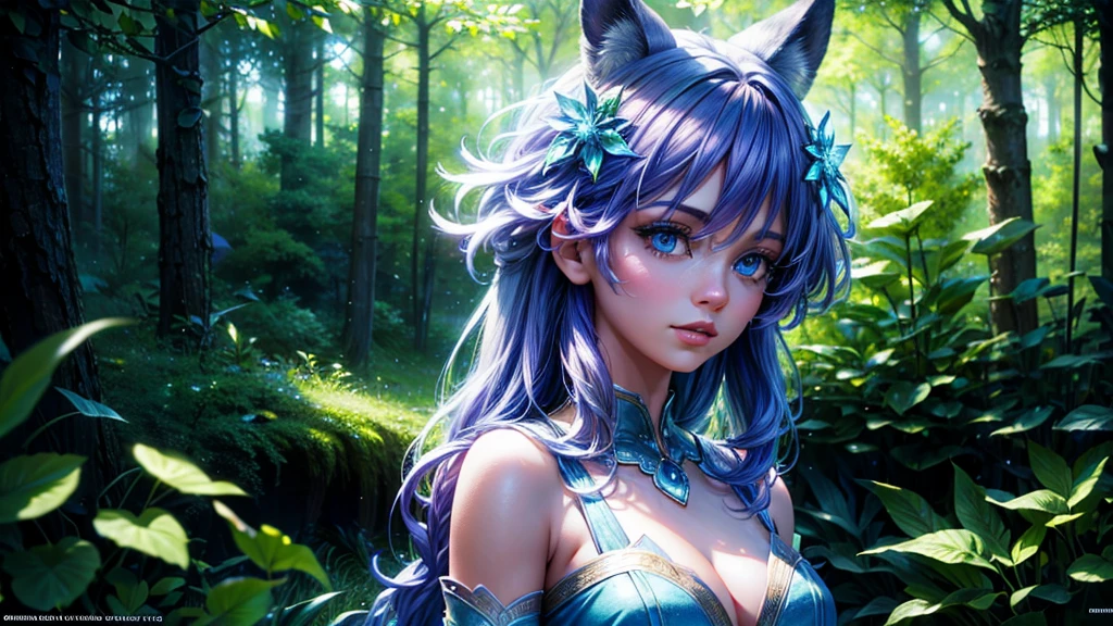 a girl in a magical forest, beautiful detailed eyes, beautiful detailed lips, extremely detailed eyes and face, long eyelashes, (best quality,4k,8k,highres,masterpiece:1.2),ultra-detailed,(realistic,photorealistic,photo-realistic:1.37),studio lighting,cinematic lighting,dramatic lighting,glowing blue lights,neon blue lights,glowing forest,surreal fantasy landscape,magical atmosphere,dreamlike environment,mystical forest,enchanted forest,