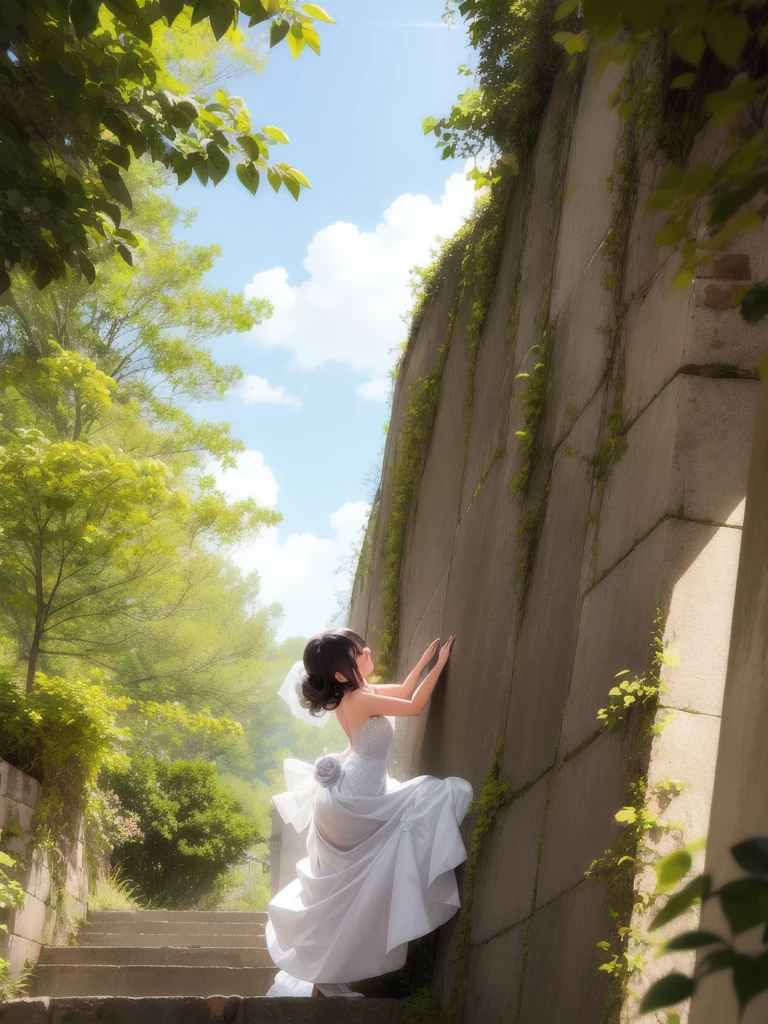 Wedding dress, bride, 1girl, Solo, long dress, climbing, windy, climbing up 