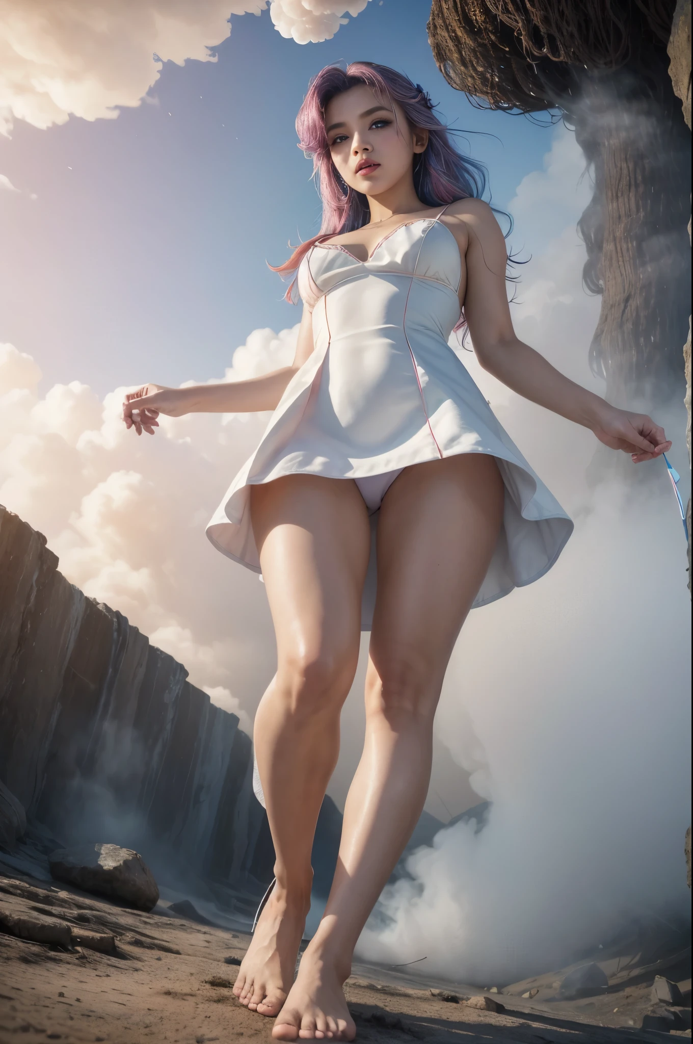 ((RAW photo), absurd, (absurdresolution)), masterpiece, best quality, (Extremely detailed 8k unity CG wallpaper), (best illustration), (best shadow), Realistic lighting, beautiful detailed glow, ((cute gorgeous girl, brown skin)), (perfect blue pupil, defined, sharp), (pink and blue hair, pastel colors), makeup, (simple red and white dress and white underwear), (bending over, left leg bent, arms outstretched holding her dress), ((Strong wind lifts her dress)), ((walking through steam vents)), ((view from below))