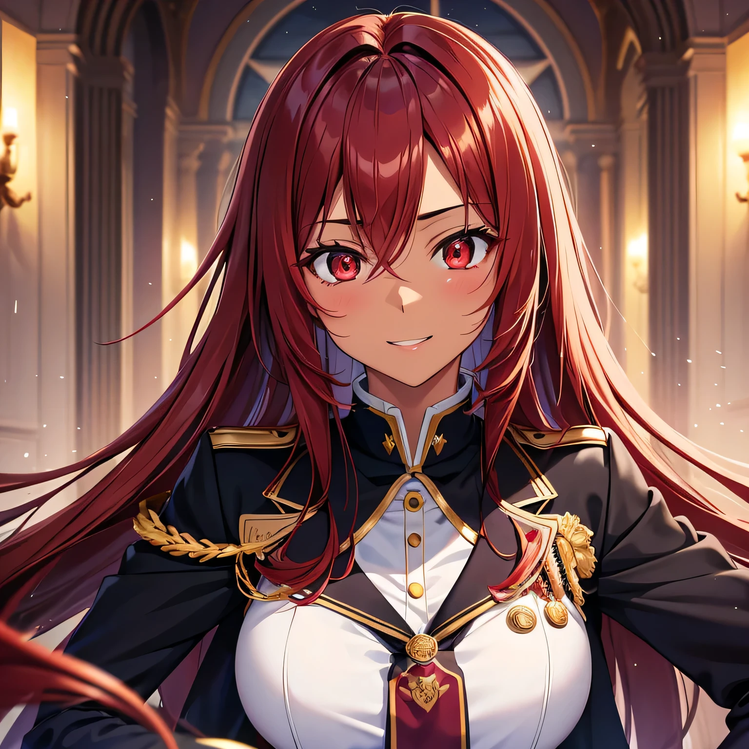 Adult Anime Girl 2d Long Hair, Age Adulthood adult, luxurious uniform academy, magic, soft dark skin, in a luxurious academy, happy , face too close, happy, White Scleriotica, dark-red hair, red eyes, all hair red