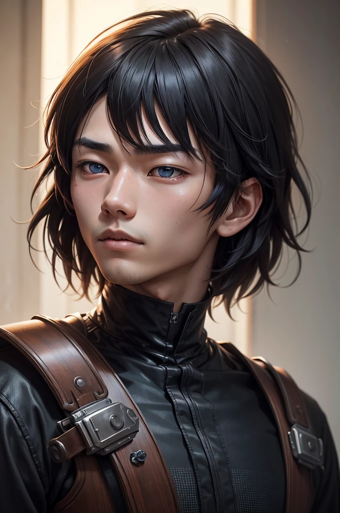 a young Japanese man of eighteen years of age with a razualvemte full physique, have fair skin, His eyes are blue and his hair is copper with a fringe covering part of his eye on the left side., one eye covered by bangs, the young man is six feet tall and two centimeters tall. captured in an ultra-realistic full HD 4K portrait, detailed texture showing its menacing shape, Immersive atmosphere, high definition shadow play, digitalpainting, nevoa no environment.