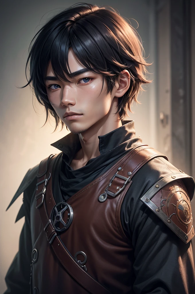 a young Japanese man of eighteen years of age with a razualvemte full physique, have fair skin, His eyes are blue and his hair is copper with a fringe covering part of his eye on the left side., one eye covered by bangs, the young man is six feet tall and two centimeters tall. captured in an ultra-realistic full HD 4K portrait, detailed texture showing its menacing shape, Immersive atmosphere, high definition shadow play, digitalpainting, nevoa no environment.