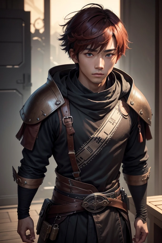 a young Japanese man of eighteen years of age with a razualvemte full physique, have fair skin, His eyes are blue and his hair is copper with a fringe covering part of his eye on the left side., one eye covered by bangs, the young man is six feet tall and two centimeters tall. captured in an ultra-realistic full HD 4K portrait, detailed texture showing its menacing shape, Immersive atmosphere, high definition shadow play, digitalpainting, nevoa no environment.