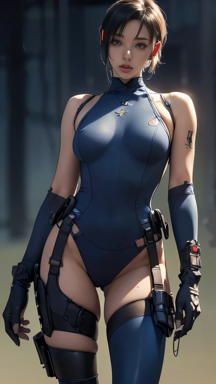 (A woman),(((A female member of the Future Force rides a motorcycle))),((Navy blue tactical high leg bodysuit:1.5)),((earphone:1.5)),((Tactical Holster:1.5)),(Gloves:1.5),(Serious:1.5),(Super short hair:1.5),(bionde:1.5),(beautiful eyes:1.3),(Very detailedな顔:1.5),((Very detailed drawing of a female hand:1.5)),((muscular:1.5)),(Sexy appearance:1.5),((Thick thighs:1.5)),(Beautiful Body:1.5),((Very sensual:1.5)),(Background is hanger:1.5),(Cyberpunk atmosphere:1.5),(((Blurred Background:1.5))),(Written border depth:1.5),rest(((masterpiece:1.5),(best quality:1.5),(Very detailed:1.5),(high resolution:1.5),(Practical:1.5),(Practical:1.5),(Delicate depiction),(Carefully drawn))),8k,wallpaper