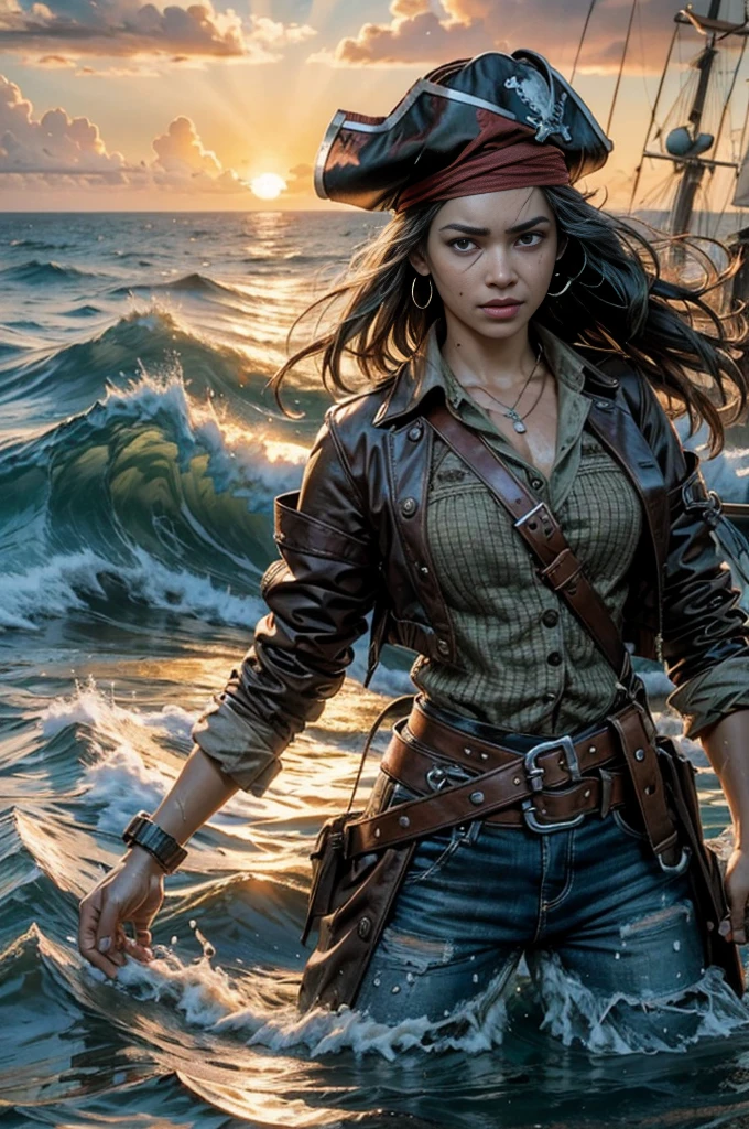(High Definition, 1080p), Pirate's Island, Intense Battle Scene at the Island, Documentary Style, Realistic and Authentic, A Large Number of Pirates Visible:1.3, Vibrant and Colorful Scene, Detailed Description of the Pirates, Their Rough Skin Texture, Dirty Clothes, intricate Facial Features, Scarred Faces, Gripping Props, Sweat-drenched Bodies, Wooden Ships, Crashing Waves, Rustic Setting, Sun-kissed Sea, Roaring Fire, Ultra-detailed Scene.
