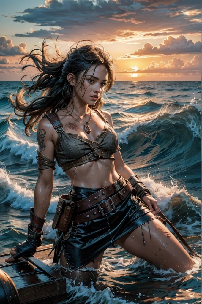 (High Definition, 1080p), Pirate's Island, Intense Battle Scene at the Island, Documentary Style, Realistic and Authentic, A Large Number of Pirates Visible:1.3, Vibrant and Colorful Scene, Detailed Description of the Pirates, Their Rough Skin Texture, Dirty Clothes, intricate Facial Features, Scarred Faces, Gripping Props, Sweat-drenched Bodies, Wooden Ships, Crashing Waves, Rustic Setting, Sun-kissed Sea, Roaring Fire, Ultra-detailed Scene.