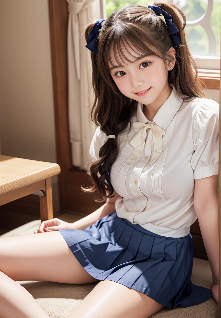 (Highest quality,masterpiece:1.3,Ultra-high resolution),(Very detailed、Caustics) (Realistic:1.4, RAW shooting、)Ultra-Realistic Capture、Very detailed、Natural skin texture、masterpiece、(A Japanese elementary school girl wearing a white shirt with a navy blue ribbon and a pleated skirt:1.3), Adorable expression、Expressions of happiness、10 years old、height: 145cm、Baby Face、Amazingly cute、Twin tails、Curly Hair、Scrunchie、Black Hair、light makeup、H-cup busty、Shining thighs、Bare arms、Background details、smile、An inviting gaze、Anatomically correct、Cowboy Shot、Attention to detail、Straddling the sheets in a private room at a sex shop、Open your legs wide from side to side、White panties are visible