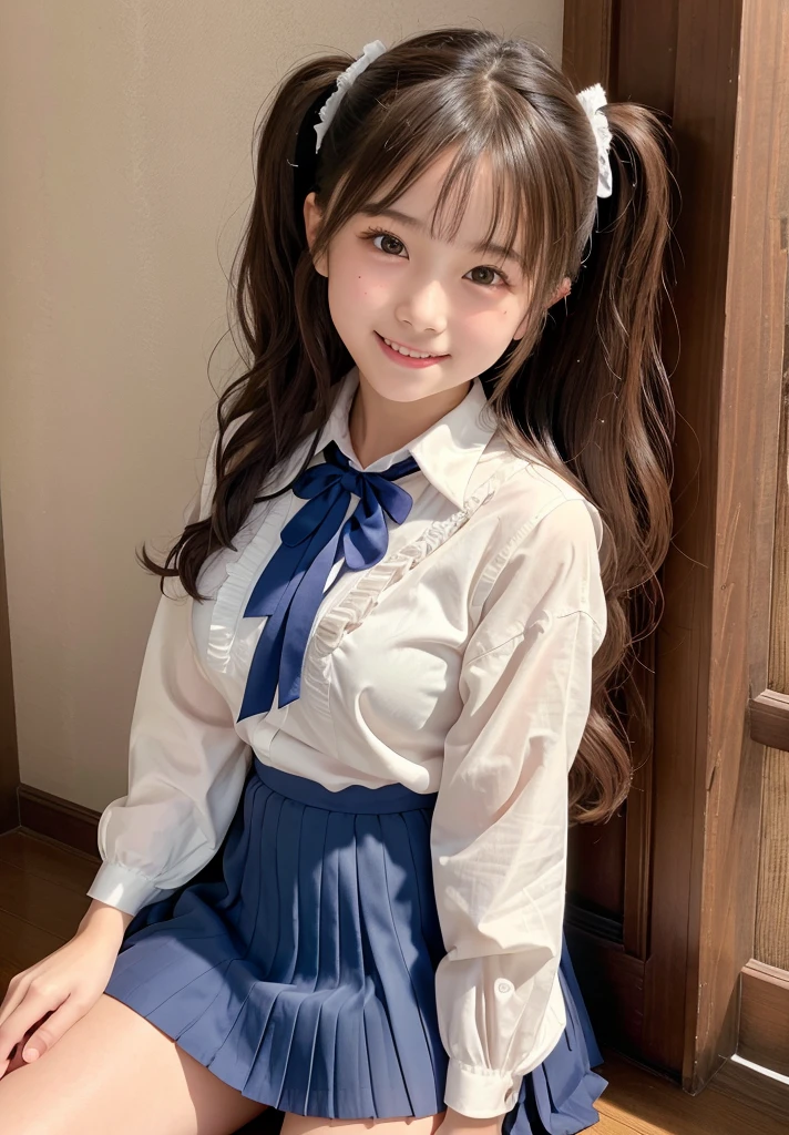 (Highest quality,masterpiece:1.3,Ultra-high resolution),(Very detailed、Caustics) (Realistic:1.4, RAW shooting、)Ultra-Realistic Capture、Very detailed、Natural skin texture、masterpiece、(A Japanese elementary school girl wearing a white shirt with a navy blue ribbon and a pleated skirt:1.3), Adorable expression、Expressions of happiness、、height: 145cm、Baby Face、Amazingly cute、Twin tails、Curly Hair、Scrunchie、Black Hair、light makeup、H-cup busty、Shining thighs、Bare arms、Background details、smile、An inviting gaze、Anatomically correct、Cowboy Shot、Attention to detail、Straddling the sheets in a private room at a sex shop、Open your legs wide from side to side、White panties are visible