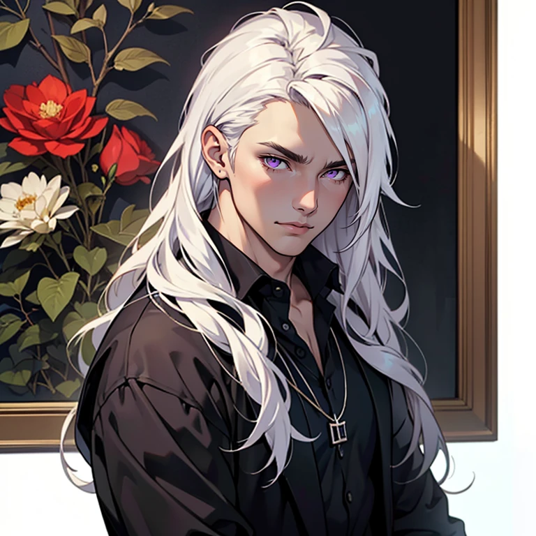 ((masterpiece)), (((best quality))), solo, 1 male, portrait, pale white skin, white hair, long hair, straight hair, purple eyes, handsome young man, casual clothes, necklace, highest quality, highly detailed, original, high resolution CG Unit 8k wallpaper, (best quality, artwork, masterpiece, 4k)