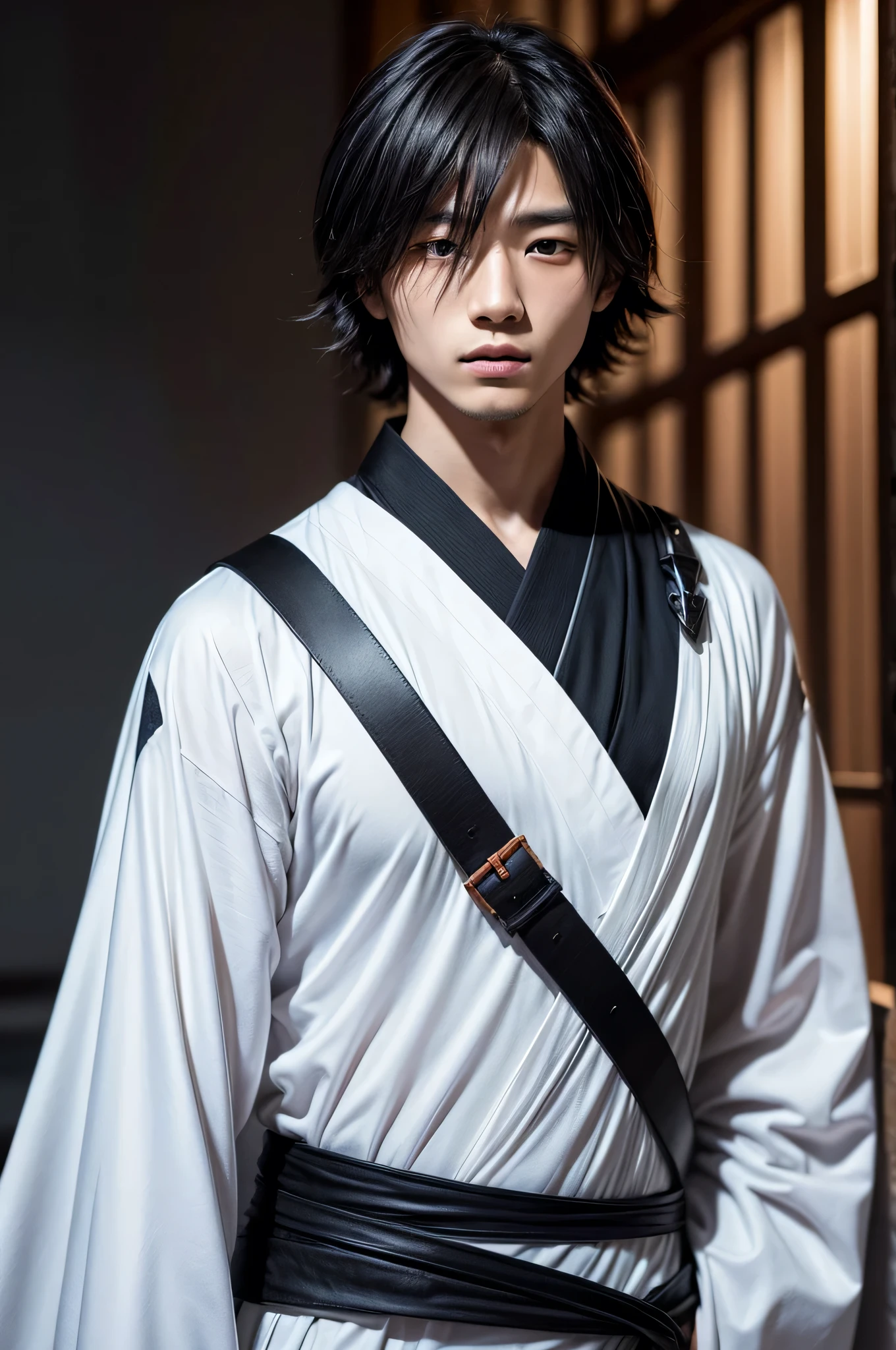 a young Japanese man of eighteen years of age with a razualvemte full physique, have fair skin, His eyes are blue and his hair is copper with a fringe covering part of his eye on the left side., one eye covered by bangs, the young man is six feet tall and two centimeters tall, and wears a white kimono with a black cape and has a strong look. captured in an ultra-realistic full HD 4K portrait, detailed texture showing its menacing shape, Immersive atmosphere, high definition shadow play, digitalpainting, nevoa no environment.