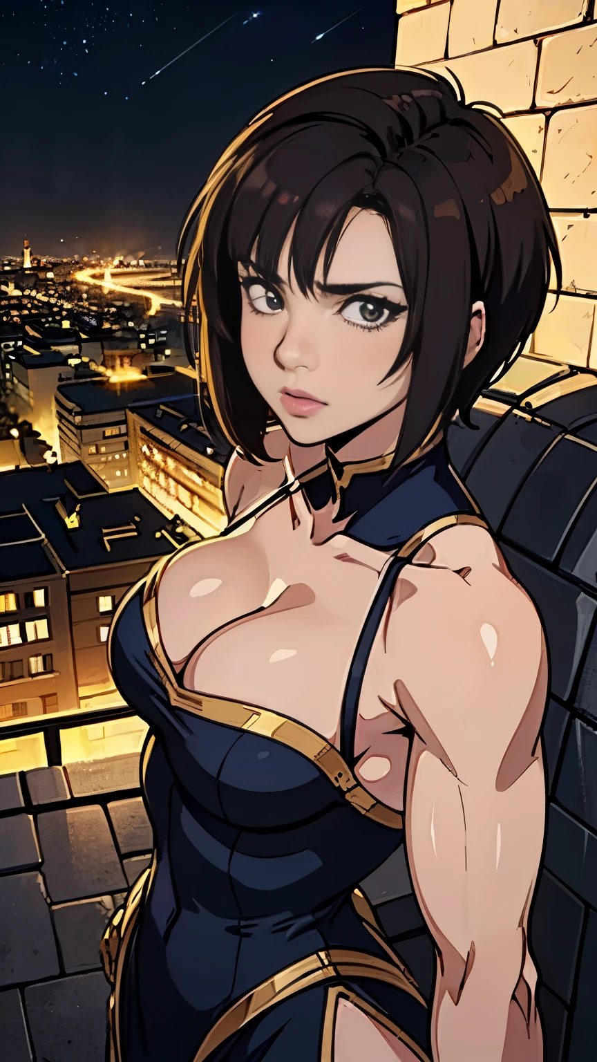 photo of mlp Meowko, RAW, beautiful woman, ((portrait)), ((detailed face:1.2)), ((anime face, anime facial feature, clear skin, glossy anime lips, clear skin), (short messy lesbian haircut, brunette: 1.55), (perfect proportioned body, Strong, muscular, narrow waist, narrow hips, skinny, large breasts, cleavage), arched back, (wearing an elegant gold armor, full dress armor), (Castle rooftop, ancient midnight city, stary sky), (realistic photo, best quality, detailed), (8k wallpaper), (cinematic lighting, beautiful light, (night:1.3)) (sharp focus, intricate)