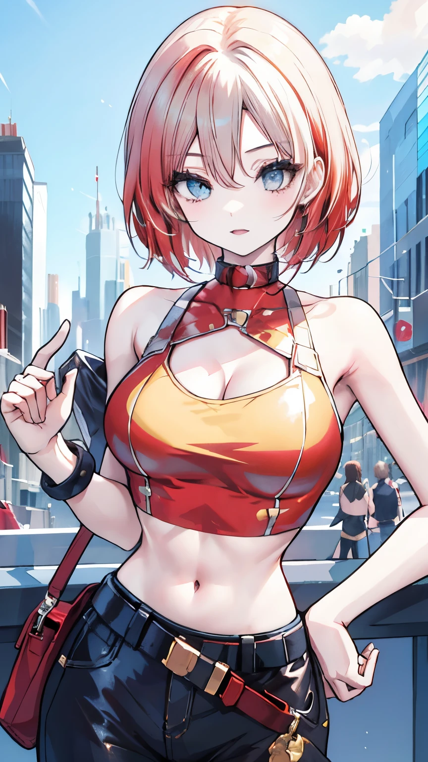 tmasterpiece,, Best quality at best, A high resolution, 1girll， with short golden hair，Red clotheary，hason, Crop top, (Large breasts 1.4), nabel，front posture，cyber punk perssonage，City streets, front align, front view