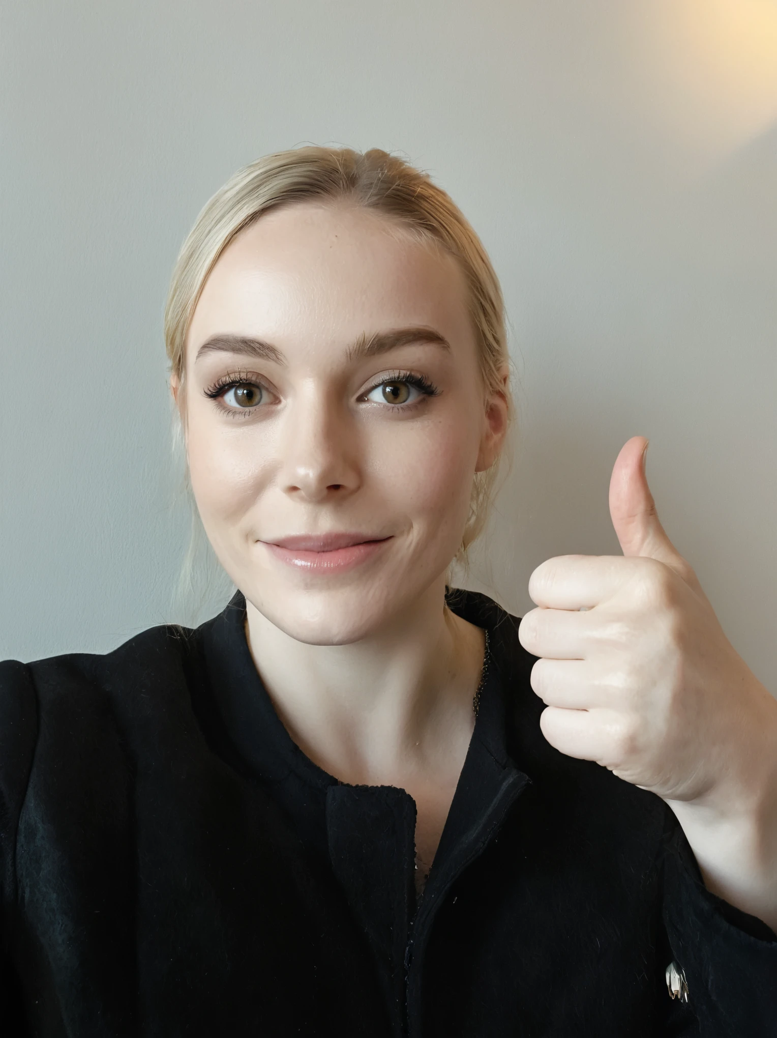 blond woman with a black jacket giving a thumbs up, giving a thumbs up to the camera, very high quality face, giving the thumbs up, giving a thumbs up, high quality face, inspired by Louisa Matthíasdóttir, 8k selfie photograph, daniela uhlig, inspired by Nína Tryggvadóttir , deailed skins 