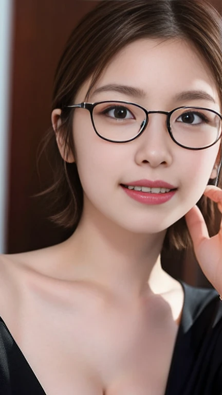 1 female,Focus on the chest,beauty,Highest quality,Ultra-realistic,Beautiful appearance ,short hair,Small breasts,Look forward,Portraiture,smile,Cleavage,forward leaning posture,Wearing a suit, Realistic,talent,20th Generation,Natural Makeup、Glasses