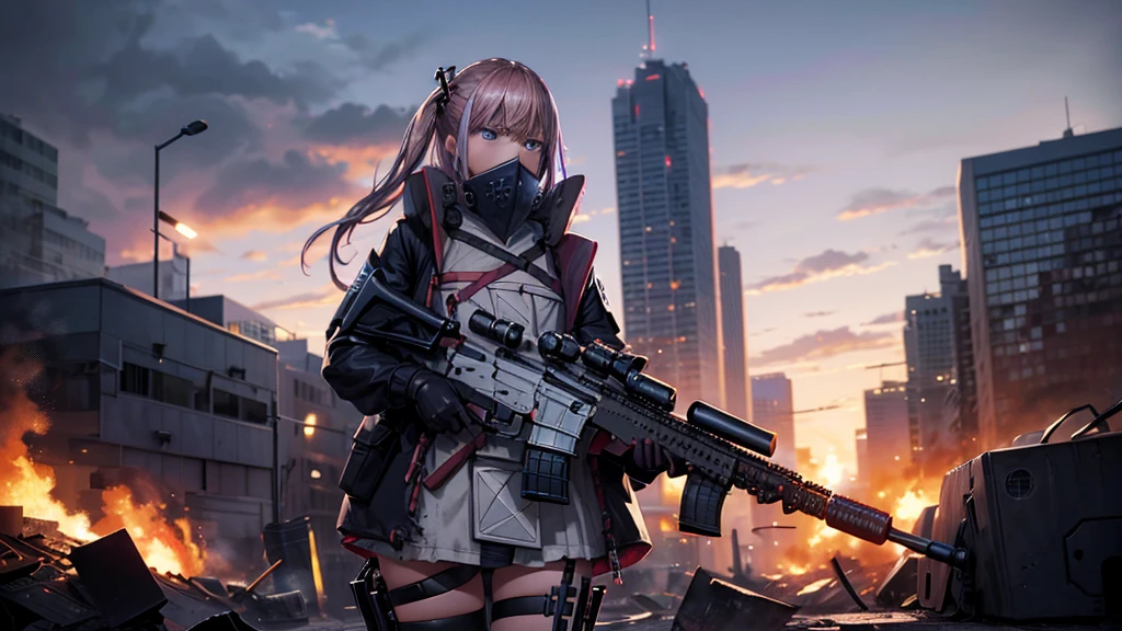 STAR15Mod, (masterpiece), (best quality), (ultra-detailed), (best illustration),(best shadow), looking at viewer, cowboy shot, fiery destroyed city background, tactical gear, tactical pouches, (gas mask:0.8), tactical armor, assault rifle, holstered handgun, (frown:1.3)