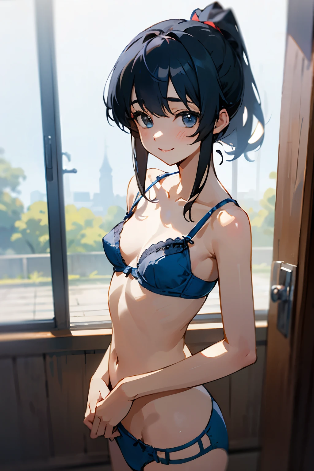 NSFW、In the best quality、 girl standing in a room。In high resolution、Beautiful details、Quiet atmosphere。Black hair ponytail、Cute Smile.。Small breasts、Cute Blue Bra、Wearing cute blue panties。