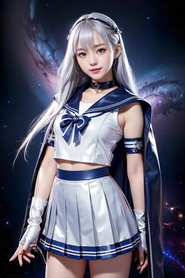 (((Silver colored hair)))、(((A 14-year-old Japanese girl wearing a shiny short-sleeved sailor uniform with elbow gloves and a cloak over it.,smile)))、(((Silver latex sailor collar)))、(((Silver latex pleated skirt)))、choker、Earrings、ribbon、((belly button))、 (((Sailor Warrior Uniforms)))、、Beautiful ornaments: 美しいPerfect Face, Soft Skin、Perfect Face, Intricate details, Splash screen, 8k resolution, masterpiece, Cute Face、(((Space Background)))、Queen of Queens、(masterpiece, Highest quality, Highest quality, Official Art, Beauty and aesthetics: 1.2), (One girl: 1.3)