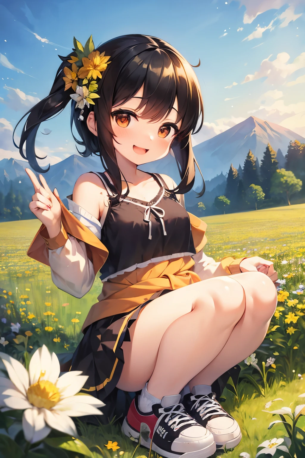 High resolution, masterpiece, Highest quality, One girl, smile, Open your mouth, Blushing, Hime cut, Medium Hair, Black Hair, Slanted Eyes, Flower field background, Character portrait, sneakers