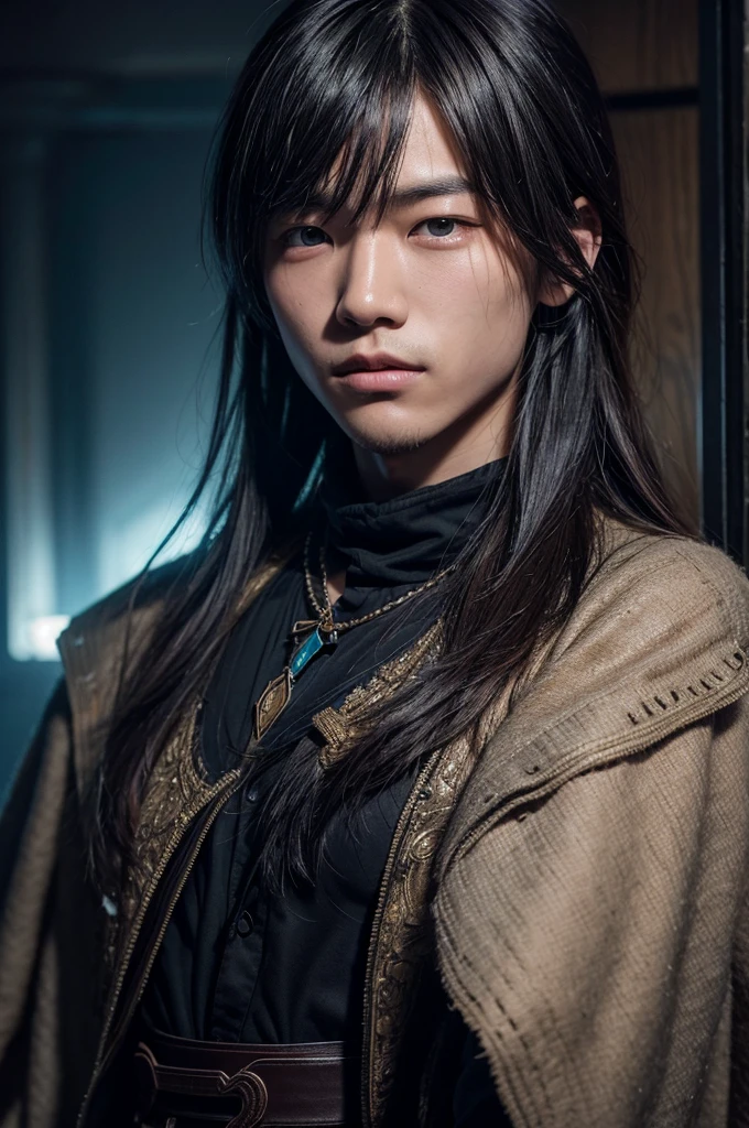 a young Japanese man of eighteen years of age with a razualvemte full physique, have fair skin, His eyes are blue and his hair is copper with a fringe covering part of his eye on the left side., one eye covered by bangs, the young man is six feet tall and two centimeters tall. captured in an ultra-realistic full HD 4K portrait, detailed texture showing its menacing shape, Immersive atmosphere, high definition shadow play, digitalpainting, nevoa no environment.