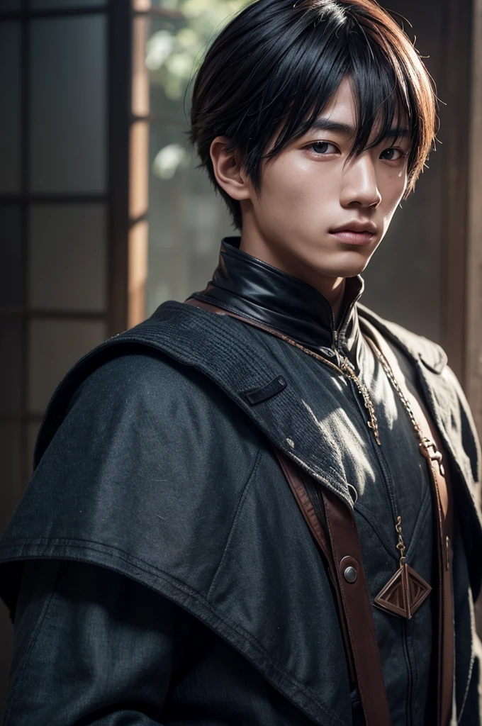 a young Japanese man of eighteen years of age with a razualvemte full physique, have fair skin, His eyes are blue and his hair is copper with a fringe covering part of his eye on the left side., one eye covered by bangs, the young man is six feet tall and two centimeters tall. captured in an ultra-realistic full HD 4K portrait, detailed texture showing its menacing shape, Immersive atmosphere, high definition shadow play, digitalpainting, nevoa no environment.