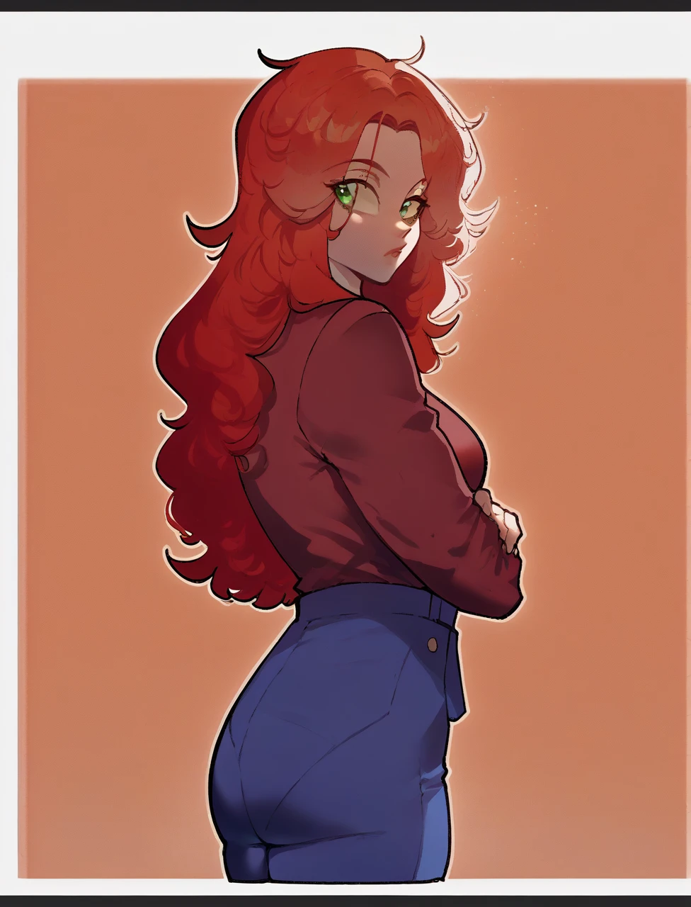 score_9, score_8_up, 1girl, red hair, green eyes, blue business shirt, blue business pants, thick