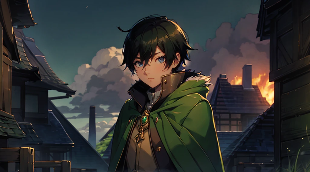 yuichiro hyakuya, (WithoutFear:1), 1 boy, black hair, green eyes, brown coat, gray armor, green shield, green cloak, dark brown gloves, town, white fur trim, tall, anime, standing, good quality, portrait, looking at viewer
