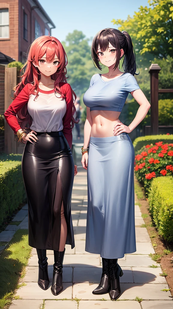masterpiece, best quality, 2girls, two beautiful women posing together, wavy hair, dark blue hair, low ponytail, red hair, white t-shirt, gray maxi pencil skirt, gray pencil skirt, leather boots, midriff, bracelet, fall, leaves, garden, backyard, looking at viewer, full body, confident smile, full-face blush, hand on hip,