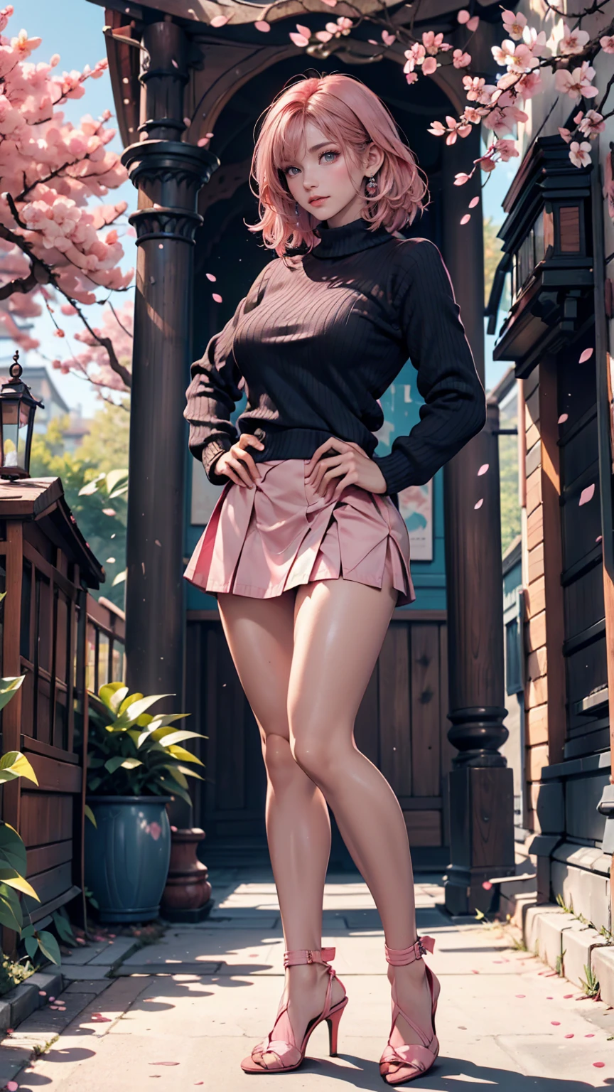 masterpiece, Highest quality, Very detailed, figure, Wide-angle, A girl is standing in the middle of the road, alone, The road in the middle and pink cherry blossom trees on the roadside, whole body, 20th Generation, Pink Hair, sweater, Short skirt, fashion,, composition, balance, Harmony, rhythm, color, Light, Shadow, reflection, refraction, tone, Contrast, prospect, Middle Way, background, Naturalistic, Figurative, Expressive、Saggy breasts、Stiletto heels、Place hands on hips