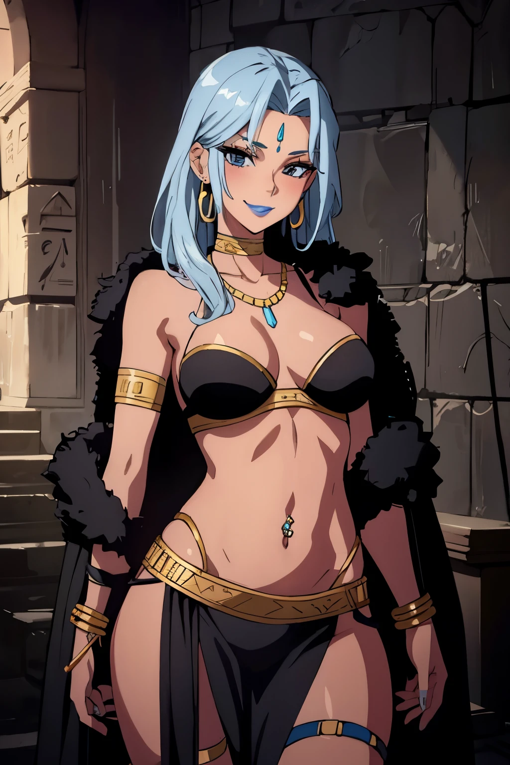 D_E_Ell, blue lips, white skin, blush, lipstick,Hot girl, baddie, bad attitude, mean girl, crazy, smoking, sensual, attractive ,jewelry, earrings, masterpiece, best quality, highly detailed ,glint,halterneck,gold_choker, complex detailed background,
inside, stone wall, ancient interior, ancient egyptian room, hieroglyphs, dark lighting, dark
atmosphere, (cowboy shot), holding a sword, sword, belly_chain,harem_outfit,navel, necklace,
pelvic_curtain,revealing_clothes, veil,masterpiece,best quality,1girl,mature,evil smile, smile,
female,mature,necklace,pendant, (nsfw) not safe for work, exposed belly, exposed navel, exposed
midriff, exposed lower belly, navel piercing