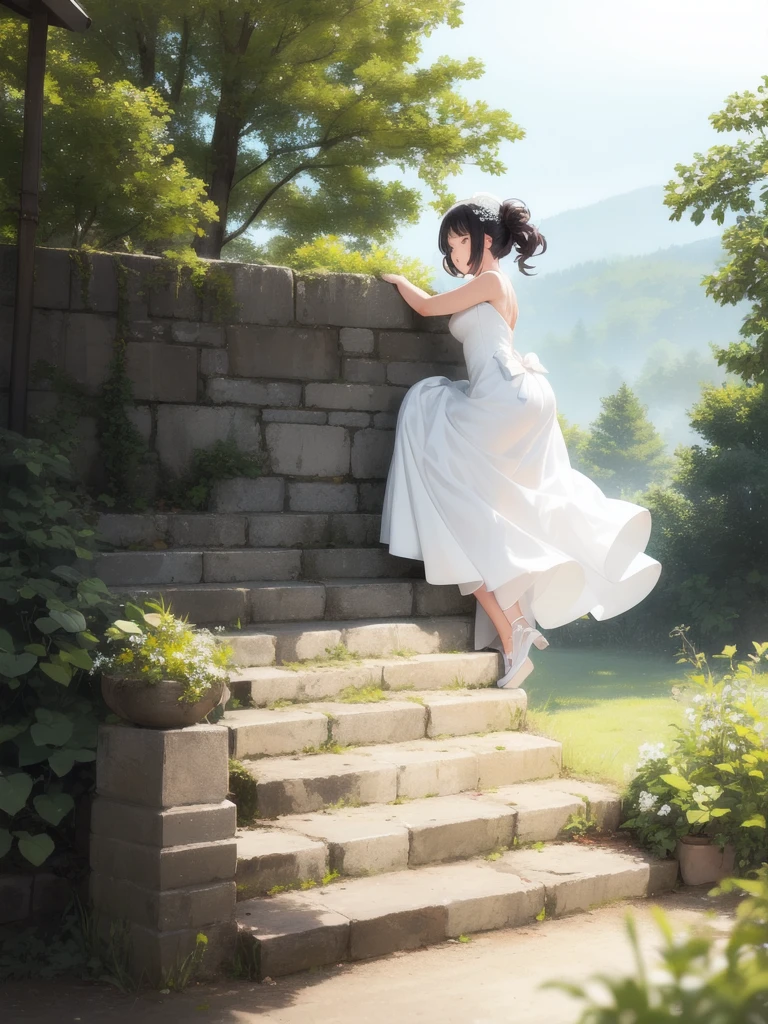 Wedding dress, bride, 1girl, Solo, long dress, climbing, windy, climbing up 