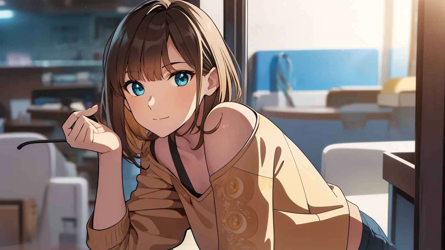 1female, medium hair, brown with yellow hair, brown eyes, crop top, shorts, mature look, visual novel cg style, standing, BREAK looking at viewer, BREAK (masterpiece:1.2), best quality, high resolution, unity 8k wallpaper, (illustration:0.8), (beautiful detailed eyes:1.6), extremely detailed face, perfect lighting, extremely detailed CG, (perfect hands, perfect anatomy)