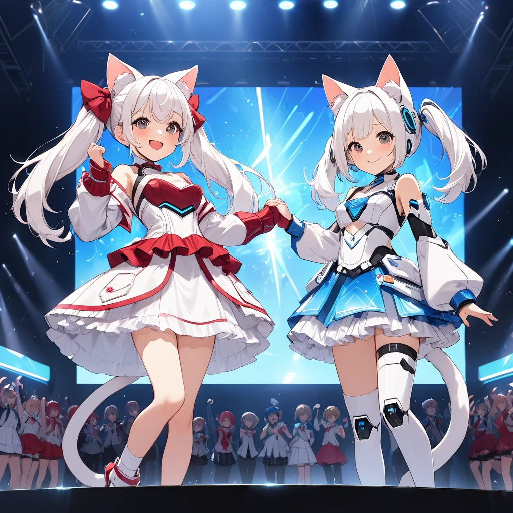 (A live stage performance by two robot idols:1.5)、One girl has red hair in twin tails, a cute face,Red and white robotic Wear a barrette,From the neck down, he's completely robotic And my chest is a little big,She is wearing a cute, cyber-inspired idol outfit in red and white.(The other girl has short white hair and cat ears:1.5). The inside of the cat ears is light pink and fluffy. She has a cute face.From the neck down, he's completely robotic.My chest is a little big,She is wearing a cyber-inspired idol outfit in white and blue.They hold a microphone in one hand and hold hands.She responded to the cheers of the audience with a smile.The backdrop of a large live hall, the fantastic glow of spotlights, and the many live monitors,A large audience,A dynamic shot of the two of them jumping,High quality, high definition, (masterpiece, best quality,4k, 8k:1.5), ultra detail,Ultra-fine painting, Physically Based Rendering,dramatic lighting,Vivid colors,