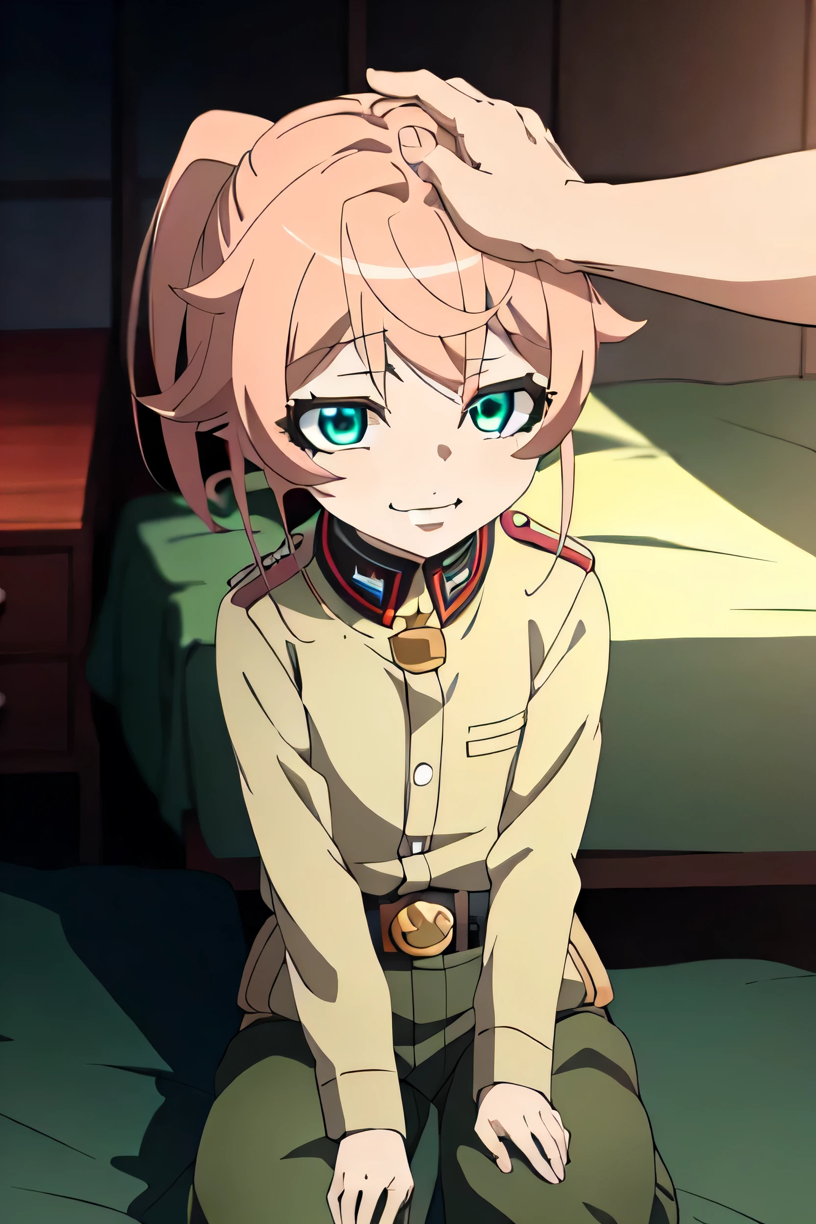 alone,Tanyavon Degurechaff,One Girl,ponytail,military hat,uniform,Red pendant,belt,pants,blush,smile,headpatPOV, throw, headpat, perfectionな指, Ideal hand structure, She is being stroked on the head, She is smiling, (Detailed green eye), Detailed face, ((Blushed)), blush, Make your eyes sparkle, short hair, Lewd face, Anime Style, Soft lighting, Bedroom, pink Bedroom, perfection_environment, View from above,