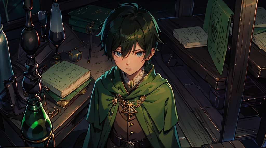 yuichiro hyakuya, (WithoutFear:1), 1 boy, black hair, green eyes, brown coat, gray armor, green shield, green cloak, dark brown gloves, town, white fur trim, tall, anime, standing, good quality, portrait, looking at viewer