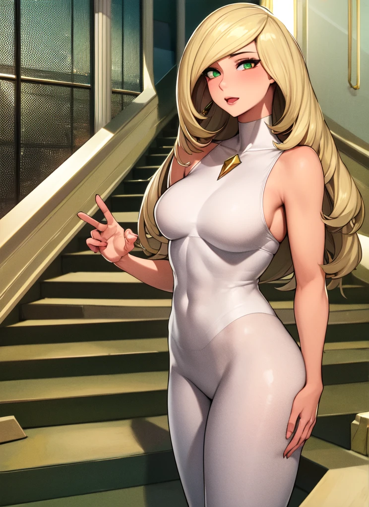 ((best quality)), ((highly detailed)), masterpiece, absurdres, (detailed eyes, deep eyes), (1girl), dynamic pose, upper body, Lusamine, blondde hair, very long hair, green eyes, medium breasts, (white dress), sleeveless dress, green gemstone, white leggings, high heels, white footwear, (indoors, on a stairway),mom,milf,sexy,big bust