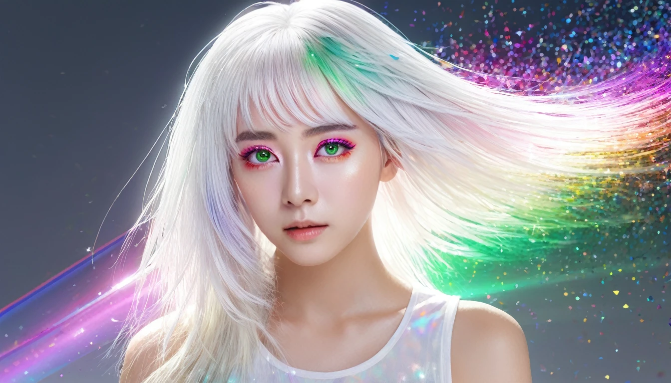 masterpiece, 最高のquality, expensive_quality, expensive_solve, masterpiece*Portrait, whitespace, colorful, One girl, alone, white_hair, prism hair, [pink|green] eye, gradient eye, multicolored eye, Shine eye, Shine, Glitter, Shine white particles, Wind power increase, full_body, Severe,