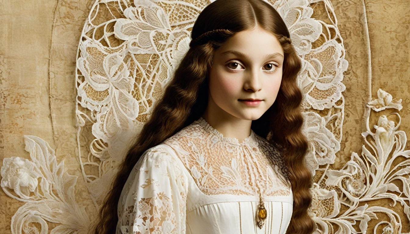 Europeans, Girls Children , Long blonde hair and bow,Layered skirt,Noble,opulent,cropped shoulders,Lace,picture frames,Portrait maniac,Lace