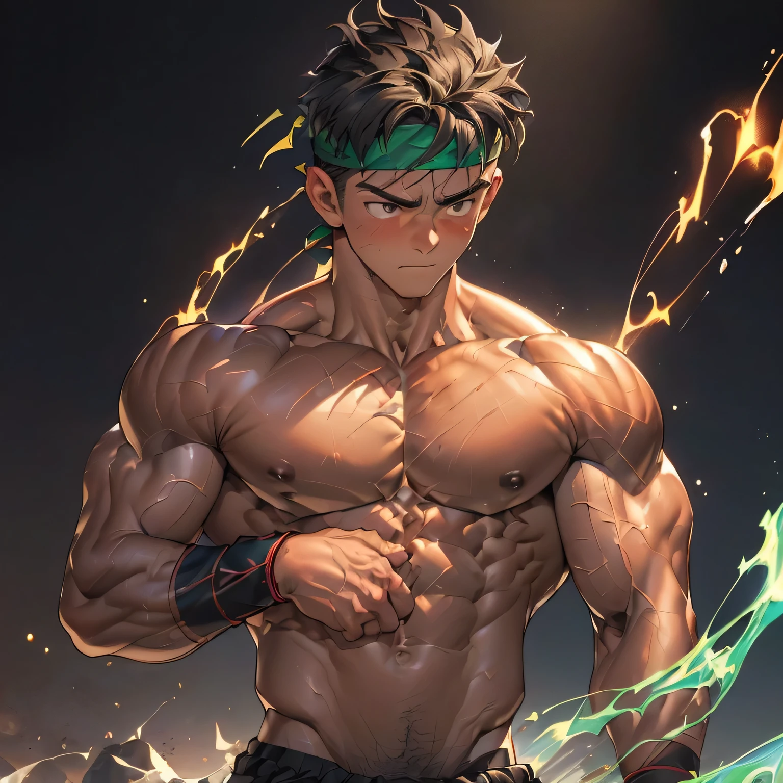 ((masterpiece, best quality)), (((((black background, deep night, upper body, shoot from below, looking away))))), (19 year old boy, worm eyes, Young boy, muscler, Shirtless, topless), ((((1boy, solo, flesh, tough, reliable, developed body)))), (Dark Short straight hair, ((almost completely shaved hair)), under cut), (((red headband, black wristband))), Vivid colors, ((big breast:1.2, big shoulder:1.2, muscular body, sturdy body, defined round and fleshy pecs, defined round and fleshy ABS, defined round and fleshy armsmuscular:1.2, well-defined muscles, developed body, toned weist, shouldermuscler:1.2)), muscler!, muscler body, detailed face, detailed muscle, (((rippling muscles, Flowing energy, giving off an aura of holy power, Include intense special effects such as bursts of light, energy waves, and wind to emphasize the power of his magic. Highlight his aura, blue and green aura effect, energy stream, holding aura energy, ready to fight, fighting with great fury against enemy, concentrate)))