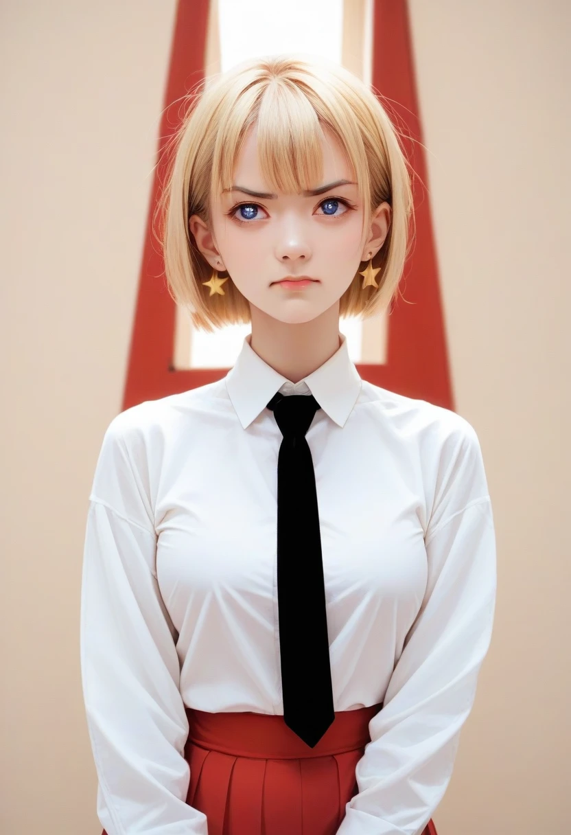 Short blonde hair really puffy hair pretty hairstyle white shirt black tie and medium red skirt she has red eyes and the overall look is anime make it japanese anime style she has gold jewllwery shes wealthy Breasts, Blonde Hair, Bangs, Blue eyes, Earrings, Light Smile, Serious, Furrowed Brow, Star-Shaped Pupils, Simple background, Annoyed, Sidelocks,with a great pose solo pretty 