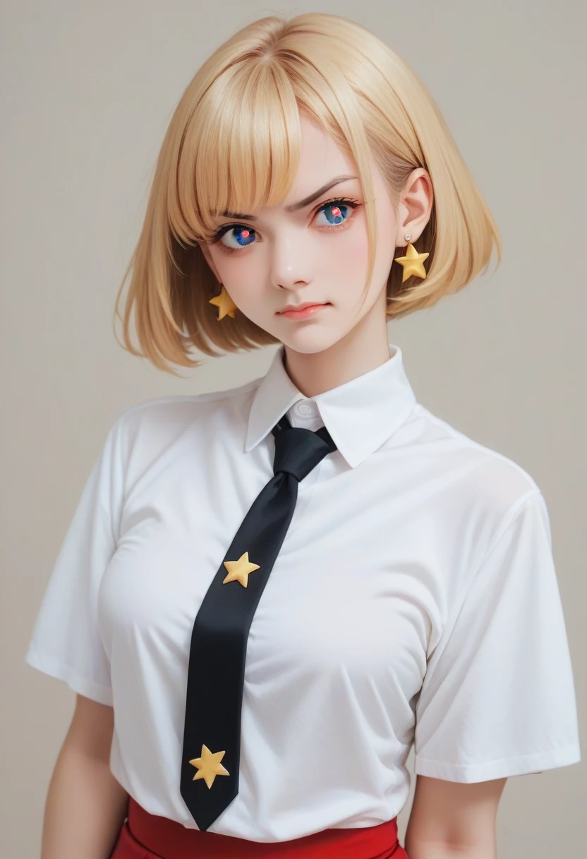 Short blonde hair really puffy hair pretty hairstyle white shirt black tie and medium red skirt she has red eyes and the overall look is anime make it japanese anime style she has gold jewllwery shes wealthy Breasts, Blonde Hair, Bangs, Blue eyes, Earrings, Light Smile, Serious, Furrowed Brow, Star-Shaped Pupils, Simple background, Annoyed, Sidelocks,with a great pose solo pretty