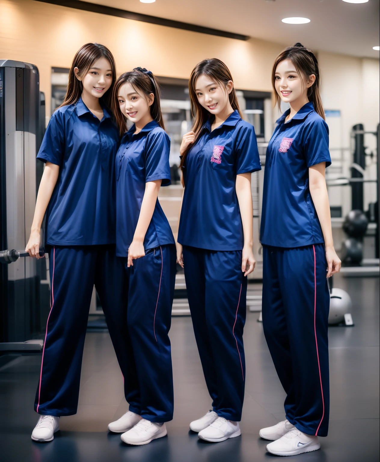 3 girls in fitness center, Navy blue short-sleeved shirt,Navy Long Trackpant,Sweatpants, Sweatpantsขายาว,25 year old girl, lesbian, sexy, exercise clothes, wet body, exercise clothes