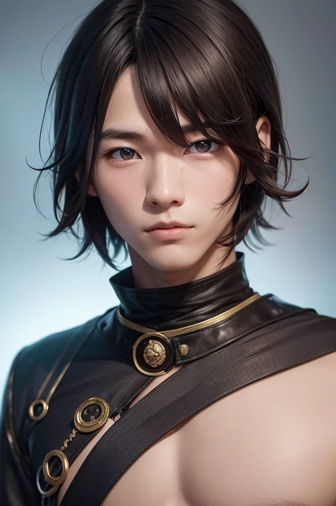 a young Japanese man of eighteen years of age with a razualvemte full physique, have fair skin, His eyes are blue and his hair is copper with a fringe covering part of his eye on the left side., one eye covered by bangs, the young man is six feet tall and two centimeters tall. captured in an ultra-realistic full HD 4K portrait, detailed texture showing its menacing shape, Immersive atmosphere, high definition shadow play, digitalpainting, nevoa no environment.