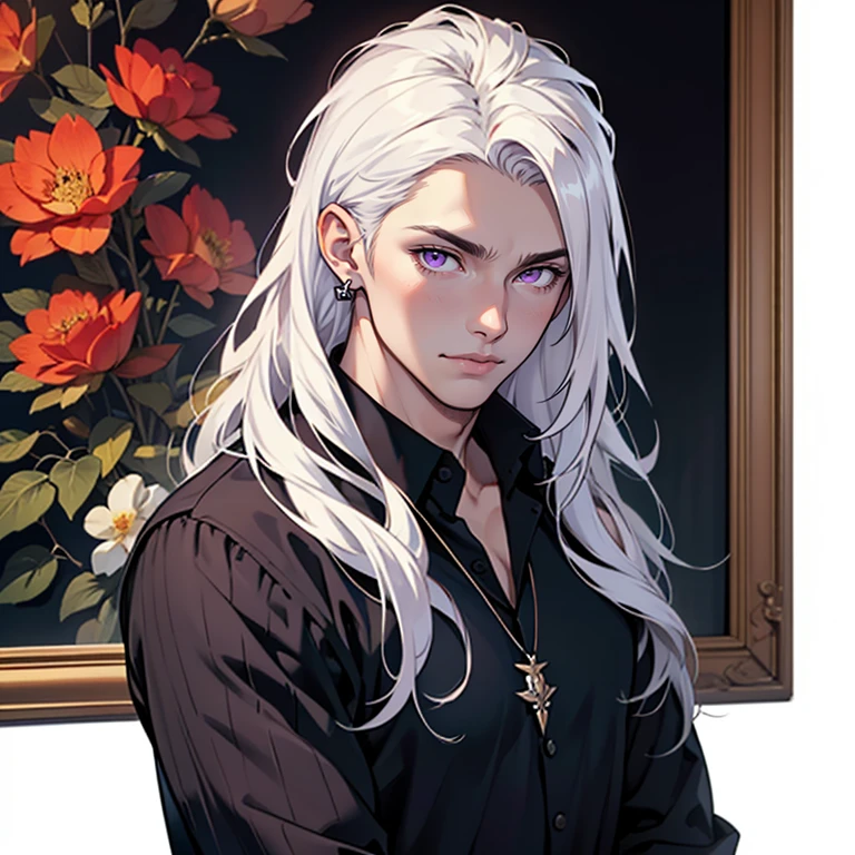 ((masterpiece)), (((best quality))), solo, 1 male, portrait, pale white skin, white hair, long hair, straight hair, purple eyes, handsome young man, casual clothes, necklace, highest quality, highly detailed, original, high resolution CG Unit 8k wallpaper, (best quality, artwork, masterpiece, 4k)