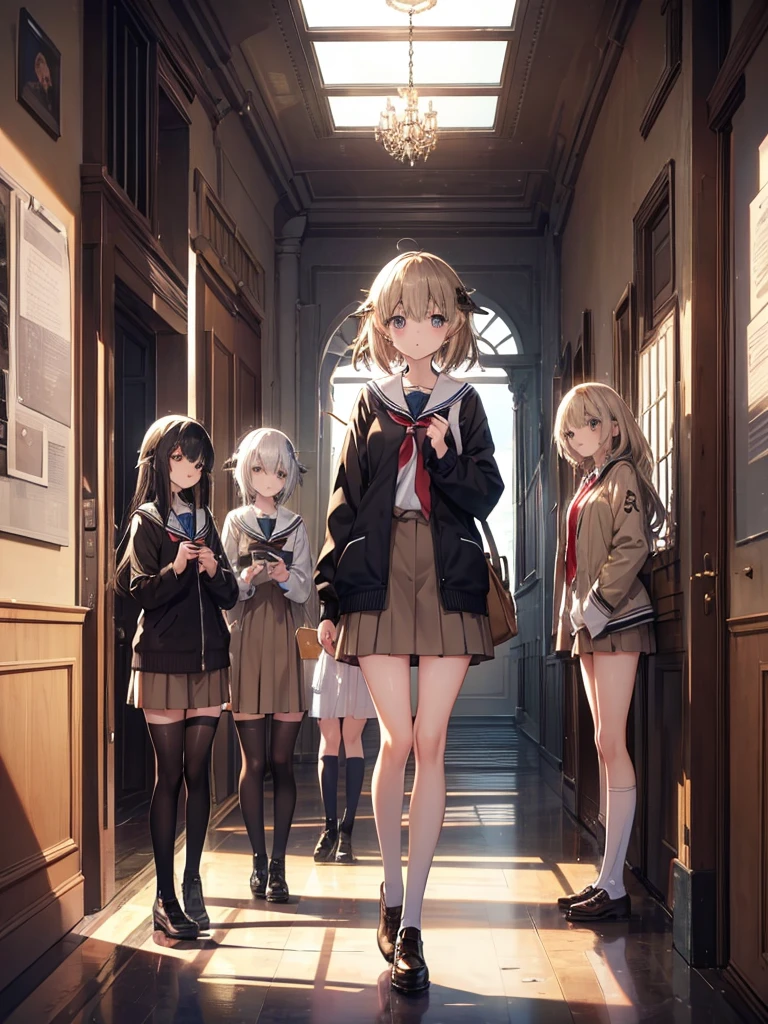 five girls, school, class, (black hair), blond, (((light brown))), standing, silver, short, long, face, (((monster girl)))