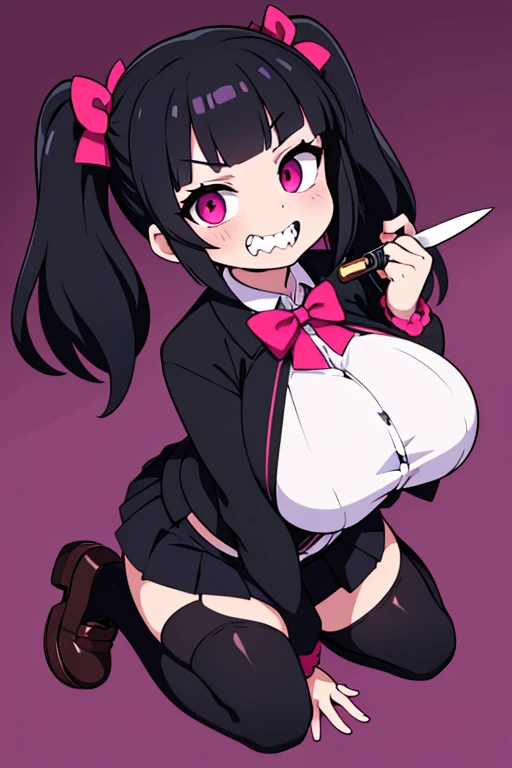 Mimi is an adult with black hair tied up into twintails. She has straight bangs. She has pink eyes. She has big breasts and shiny oiled skin. She wears anoutfit with a black cardigan, white mini skirt, black tights, white legwarmers, and loafer shoes. She had an evil grinning expression. She is short. Scary background. She is a domme. Low angle, goth girl, goth girl aesthetic. Scary aesthetic. Horror aesthetic. Holding a knife. Sharp teeth. Vampire teeth 