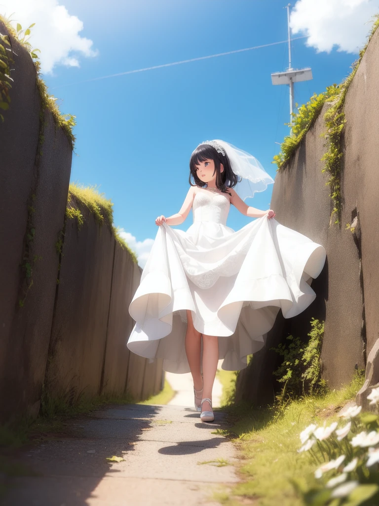 Wedding dress, bride, 1girl, Solo, long dress, climbing, windy, climbing up