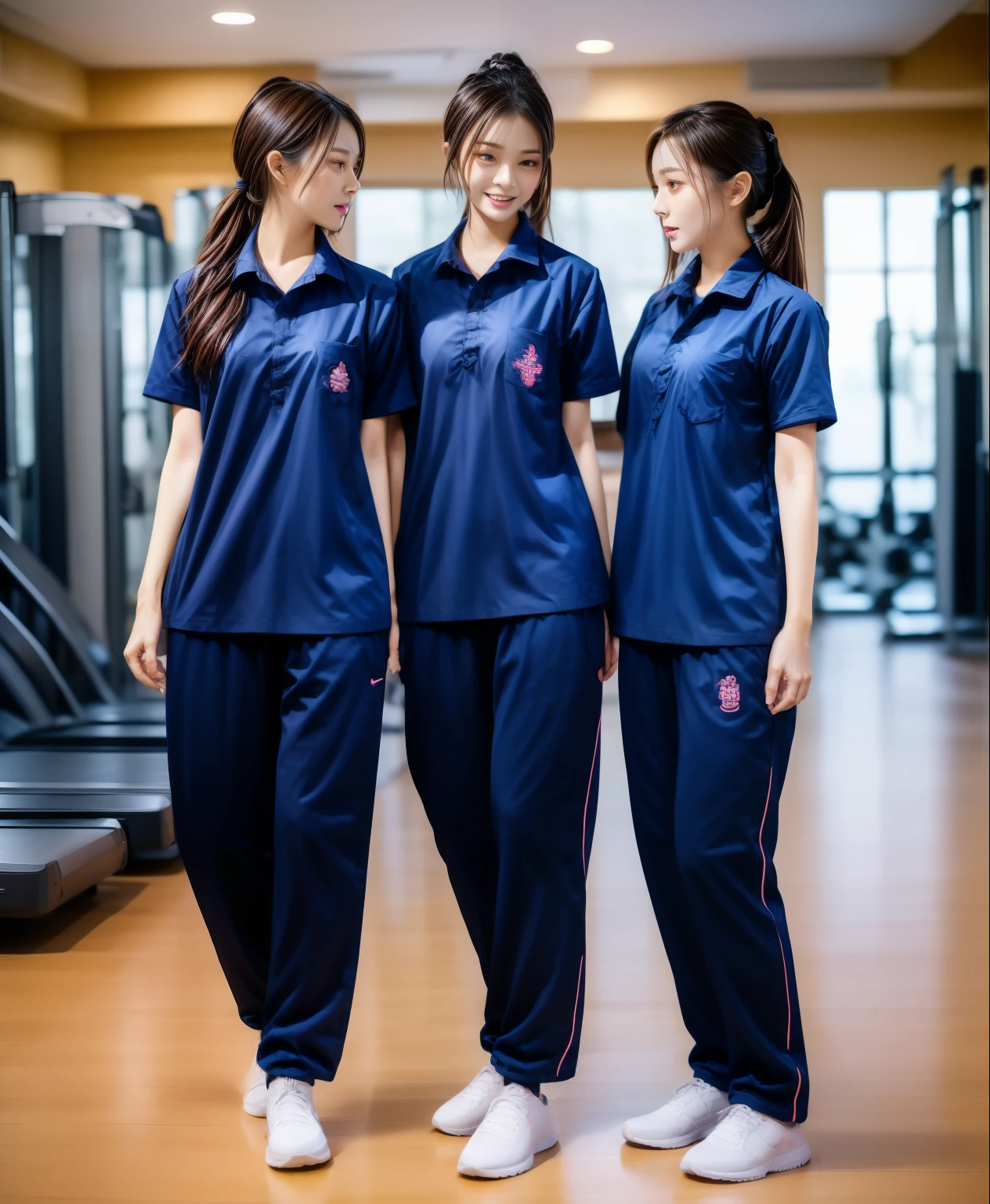 3 girls in fitness center, Navy blue short-sleeved shirt,Navy Long Trackpant,Sweatpants, Sweatpantsขายาว,25 year old girl, lesbian, sexy, exercise clothes, wet body, exercise clothes