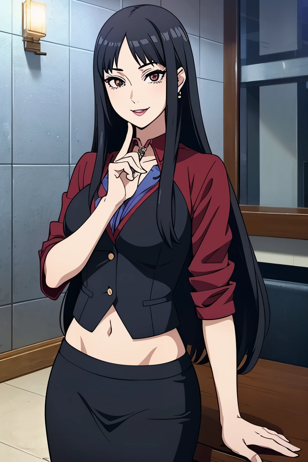 anime girl with long black hair , hinata hyuga, sui ishida with black hair, style of junji ito, junko enoshima, subtle junji ito, kotegawa yui, 1 7 - year - old anime goth girl, misato katsuragi, blush, lipstick,Hot girl, baddie, bad attitude, mean girl, crazy, smoking, sensual, attractive , jewelry, earrings, masterpiece, best quality, highly detailed,breasts,skirt,cleavage,long hair,skirt
suit,suit,formal,jewelry,necklace,micro pencil skirt,jacket,smile,makeup,looking at viewer,business suit,
lipstick,office lady,mature female,micro miniskirt,indoor,office,office lady ,smile, open mouth, (nsfw) not
safe for work, holding a gun, evil expression, exposed belly, exposed navel, exposed midriff, exposed
lower belly , holding pistol